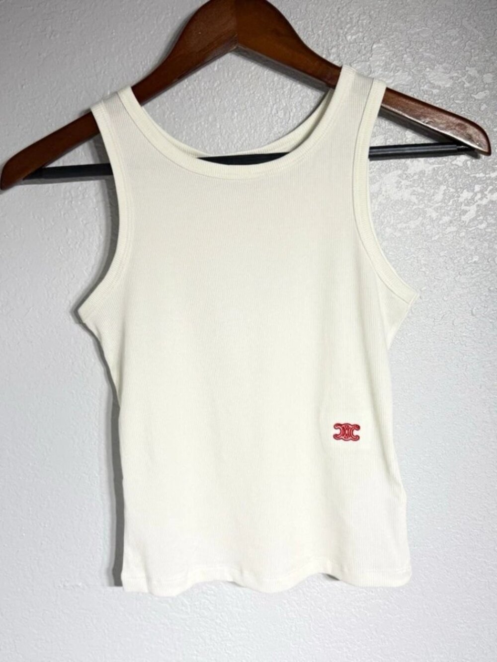 Celine Paris Womenās White Ribbed Logo Sleeveless Tank Top Shirt Size M